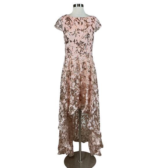 Eliza J Women's Sequined Lace High Low Backless Gown Pink Size 8 Short Sleeve - Picture 1 of 14
